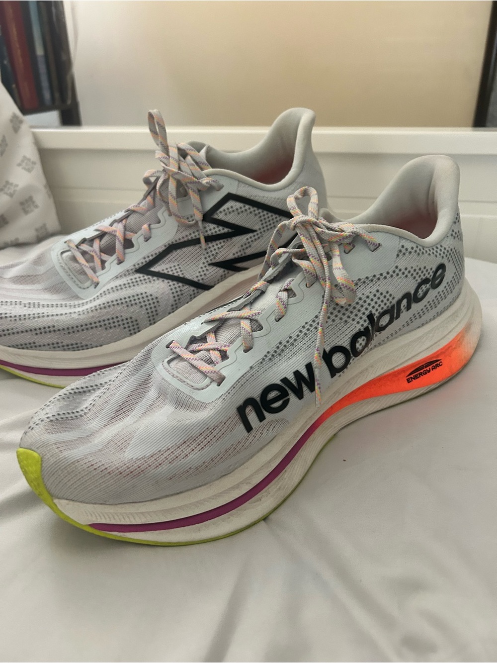 New Balance White Running Shoes with Neon Accent Stripe